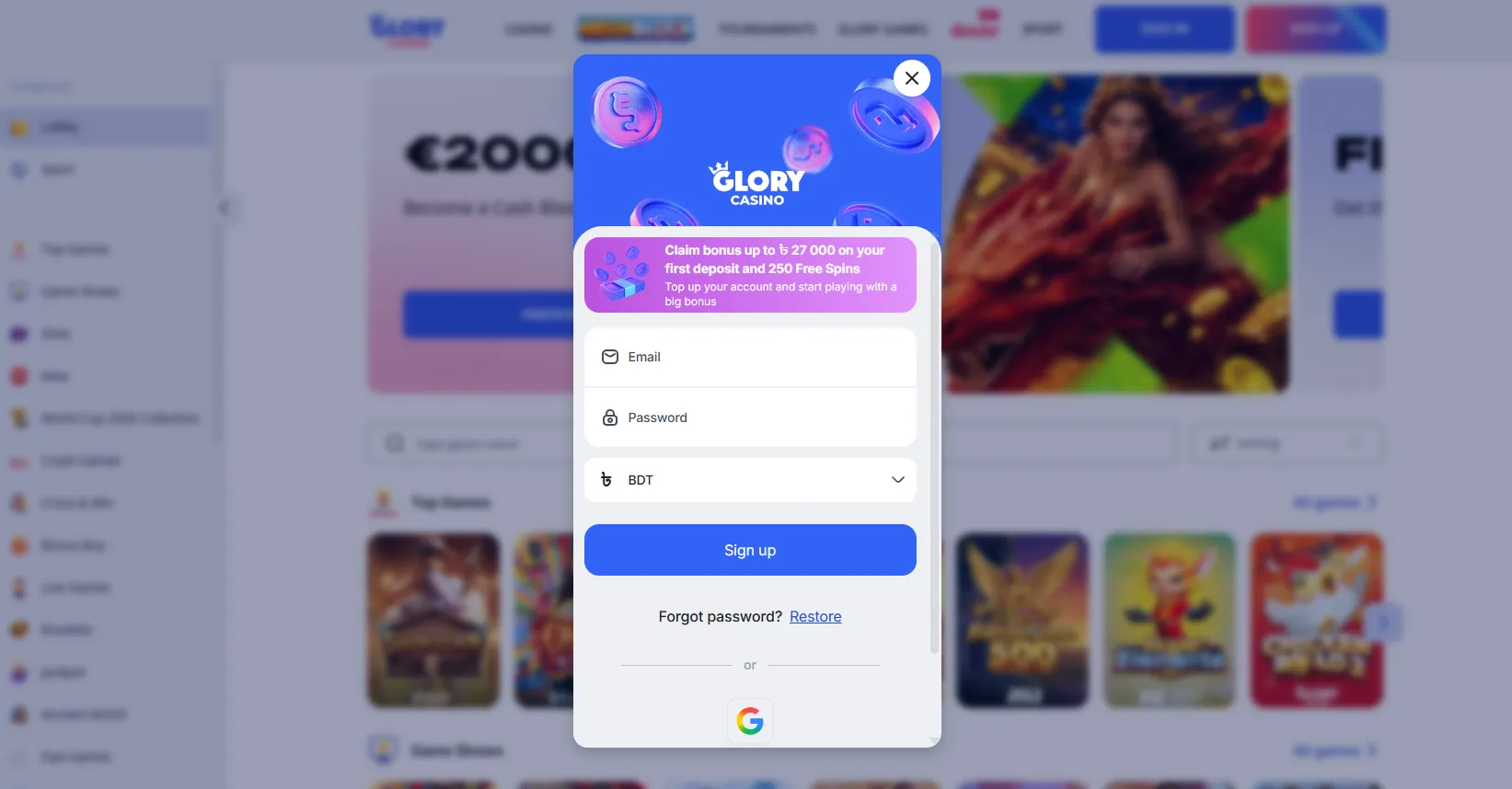 Registration, verification, and getting started Glory Casino